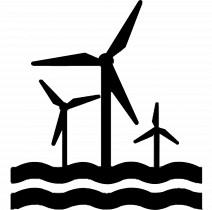 Iconic representation of 3 Wind turbines on a surface with the word stability below the icon in black color on a blue background